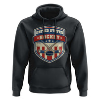 Hockey Crossed Sticks And Puck Retro USA Shield Flag Hoodie Red White Blue Striped Patriotic Sports Fan Pride Graphic