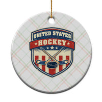 Hockey Crossed Sticks And Puck Retro USA Shield Flag Ceramic Ornament Red White Blue Striped Patriotic Sports Fan Pride Graphic