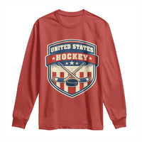 Hockey Crossed Sticks And Puck Retro USA Shield Flag Long Sleeve Shirt Red White Blue Striped Patriotic Sports Fan Pride Graphic