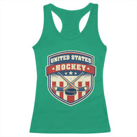 Hockey Crossed Sticks And Puck Retro USA Shield Flag Racerback Tank Top Red White Blue Striped Patriotic Sports Fan Pride Graphic