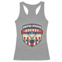 Hockey Crossed Sticks And Puck Retro USA Shield Flag Racerback Tank Top Red White Blue Striped Patriotic Sports Fan Pride Graphic