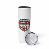 Hockey Crossed Sticks And Puck Retro USA Shield Flag Skinny Tumbler Red White Blue Striped Patriotic Sports Fan Pride Graphic