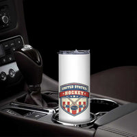 Hockey Crossed Sticks And Puck Retro USA Shield Flag Skinny Tumbler Red White Blue Striped Patriotic Sports Fan Pride Graphic