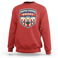 Hockey Crossed Sticks And Puck Retro USA Shield Flag Sweatshirt Red White Blue Striped Patriotic Sports Fan Pride Graphic