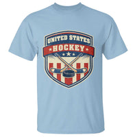 Hockey Crossed Sticks And Puck Retro USA Shield Flag T Shirt Red White Blue Striped Patriotic Sports Fan Pride Graphic
