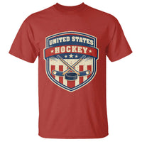 Hockey Crossed Sticks And Puck Retro USA Shield Flag T Shirt Red White Blue Striped Patriotic Sports Fan Pride Graphic