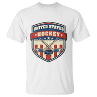 Hockey Crossed Sticks And Puck Retro USA Shield Flag T Shirt Red White Blue Striped Patriotic Sports Fan Pride Graphic