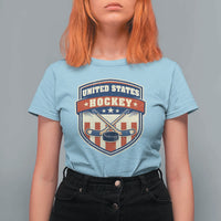 Hockey Crossed Sticks And Puck Retro USA Shield Flag T Shirt For Women Red White Blue Striped Patriotic Sports Fan Pride Graphic