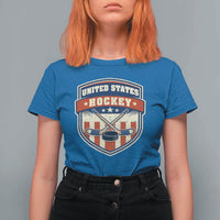 Hockey Crossed Sticks And Puck Retro USA Shield Flag T Shirt For Women Red White Blue Striped Patriotic Sports Fan Pride Graphic