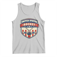 Hockey Crossed Sticks And Puck Retro USA Shield Flag Tank Top Red White Blue Striped Patriotic Sports Fan Pride Graphic