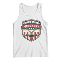 Hockey Crossed Sticks And Puck Retro USA Shield Flag Tank Top Red White Blue Striped Patriotic Sports Fan Pride Graphic