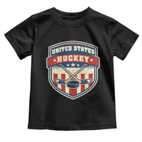 Hockey Crossed Sticks And Puck Retro USA Shield Flag Toddler T Shirt Red White Blue Striped Patriotic Sports Fan Pride Graphic