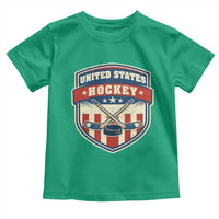 Hockey Crossed Sticks And Puck Retro USA Shield Flag Toddler T Shirt Red White Blue Striped Patriotic Sports Fan Pride Graphic