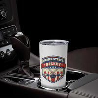 Hockey Crossed Sticks And Puck Retro USA Shield Flag Tumbler Cup Red White Blue Striped Patriotic Sports Fan Pride Graphic