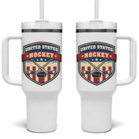 Hockey Crossed Sticks And Puck Retro USA Shield Flag Tumbler With Handle Red White Blue Striped Patriotic Sports Fan Pride Graphic