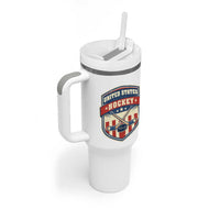 Hockey Crossed Sticks And Puck Retro USA Shield Flag Tumbler With Handle Red White Blue Striped Patriotic Sports Fan Pride Graphic