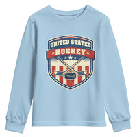 Hockey Crossed Sticks And Puck Retro USA Shield Flag Youth Sweatshirt Red White Blue Striped Patriotic Sports Fan Pride Graphic