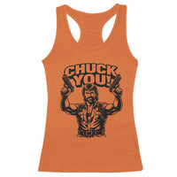 Chuck You Funny Action Legend Racerback Tank Top Tough Guy Meme Dual Guns Retro Humor for Patriotic Fans