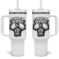 Chuck You Funny Action Legend Tumbler With Handle Tough Guy Meme Dual Guns Retro Humor for Patriotic Fans