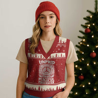 Unpaid Peaceful Protester Vintage Floral Peace V-Neck Knit Sweater Vest Hippie Style Activist Retro Anti War Boho Protest