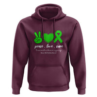 Traumatic Brain Injury Awareness Hoodie Peace Love Cure TBI Warrior