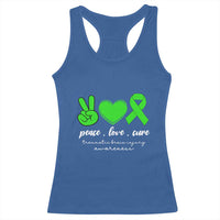 Traumatic Brain Injury Awareness Racerback Tank Top Peace Love Cure TBI Warrior