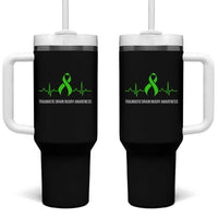 Traumatic Brain Injury Awareness Tumbler With Handle TBI Warrior Heartbeat Green Ribbon