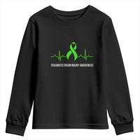 Traumatic Brain Injury Awareness Youth Sweatshirt TBI Warrior Heartbeat Green Ribbon