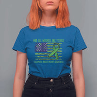 Traumatic Brain Injury Awareness T Shirt For Women Not All Wounds Are Visible TBI Warrior American Flag