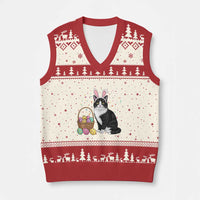 Easter Day Cat Bunny Ears Eggs Graphic V-Neck Knit Sweater Vest - Wonder Print Shop