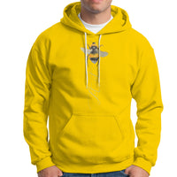 Yellow hooded sweatshirt with bee graphic and front pocket pouch