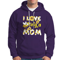 Purple sunflower bee mom hoodie with floral bee graphic and text, front kangaroo pocket