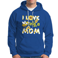 Royal blue sunflower bee mom hoodie with floral bee graphic and text, front kangaroo pocket