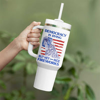 Funny Democracy Is Dying But Hey Nice Fireworks Tumbler With Handle Statue of Liberty Patriotic 4th of July American Flag