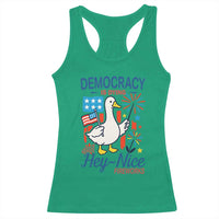 Funny Patriotic Goose Holding Firework Racerback Tank Top Funny Democracy Is Dying But Hey Nice Fireworks 4th Of July