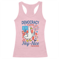 Funny Patriotic Goose Holding Firework Racerback Tank Top Funny Democracy Is Dying But Hey Nice Fireworks 4th Of July
