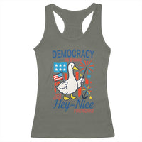 Funny Patriotic Goose Holding Firework Racerback Tank Top Funny Democracy Is Dying But Hey Nice Fireworks 4th Of July