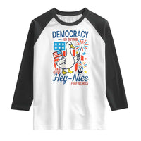Funny Patriotic Duck Holding Firework Raglan Shirt Funny Democracy Is Dying But Hey Nice Fireworks 4th Of July