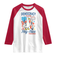 Funny Patriotic Duck Holding Firework Raglan Shirt Funny Democracy Is Dying But Hey Nice Fireworks 4th Of July