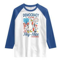 Funny Patriotic Duck Holding Firework Raglan Shirt Funny Democracy Is Dying But Hey Nice Fireworks 4th Of July