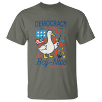 Funny Patriotic Goose Holding Firework T Shirt Funny Democracy Is Dying But Hey Nice Fireworks 4th Of July
