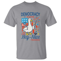 Funny Patriotic Goose Holding Firework T Shirt Funny Democracy Is Dying But Hey Nice Fireworks 4th Of July