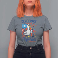 Funny Patriotic Goose Holding Firework T Shirt For Women Funny Democracy Is Dying But Hey Nice Fireworks 4th Of July