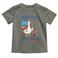 Funny Patriotic Goose Holding Firework Toddler T Shirt Funny Democracy Is Dying But Hey Nice Fireworks 4th Of July