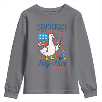 Funny Patriotic Goose Holding Firework Youth Sweatshirt Funny Democracy Is Dying But Hey Nice Fireworks 4th Of July