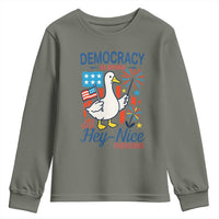 Funny Patriotic Goose Holding Firework Youth Sweatshirt Funny Democracy Is Dying But Hey Nice Fireworks 4th Of July