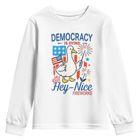 Funny Patriotic Goose Holding Firework Youth Sweatshirt Funny Democracy Is Dying But Hey Nice Fireworks 4th Of July