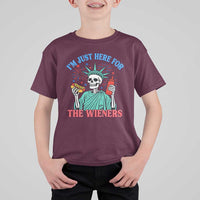 Funny Skeleton Lady Liberty T Shirt For Kid I'm Just Here For The Wieners 4th Of July Hot Dog - Wonder Print Shop