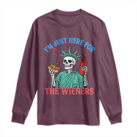 Funny Skeleton Lady Liberty Long Sleeve Shirt I'm Just Here For The Wieners 4th Of July Hot Dog - Wonder Print Shop