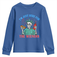 Funny Skeleton Lady Liberty Youth Sweatshirt I'm Just Here For The Wieners 4th Of July Hot Dog - Wonder Print Shop
